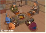 5-personen-sitzen-um-einen-offenen-herd-im-boden-an-hakozen-und-essen